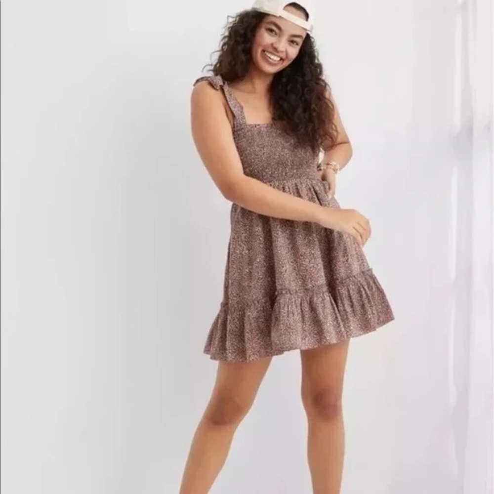 Aerie All Day Smocked Floral Mini Dress Tie Strap Brown Pink Boho Cottage M